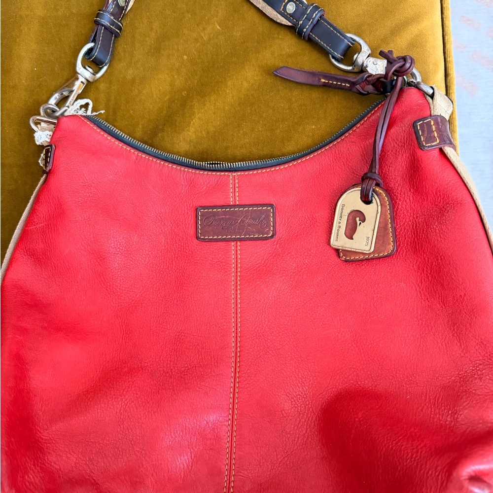 Dooney & Bourke Red Leather Shoulder Hobo with Brown Trim